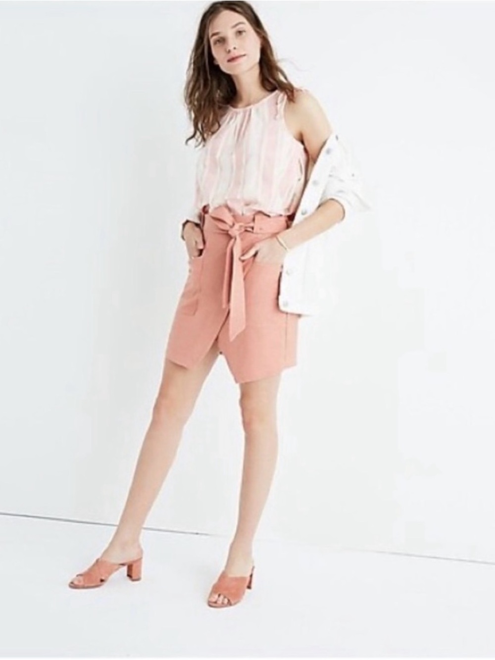 High-Waist Paperbag Tie Skirt in Dusty Rose